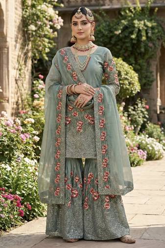 Teal Fendy Silk Wedding wear Designer Embroidery Sharara Set