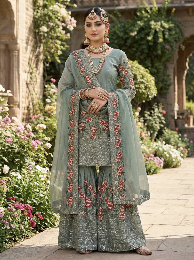 Teal Fendy Silk Wedding wear Designer Embroidery Sharara Set