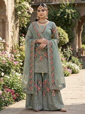 Teal Fendy Silk Wedding wear  Embroidery Sharara Set 1