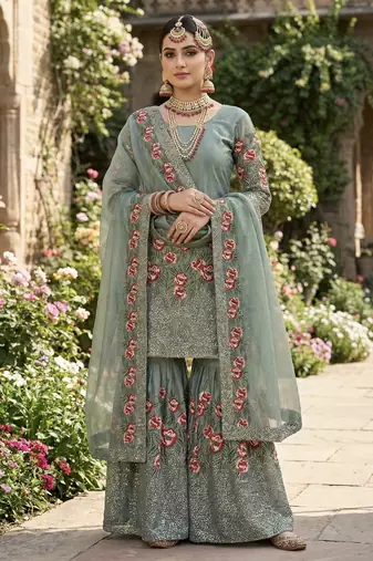 Teal Fendy Silk Wedding wear Designer Embroidery Sharara Set