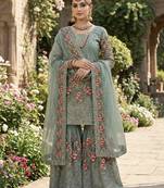 Teal Fendy Silk Wedding wear Designer Embroidery Sharara Set