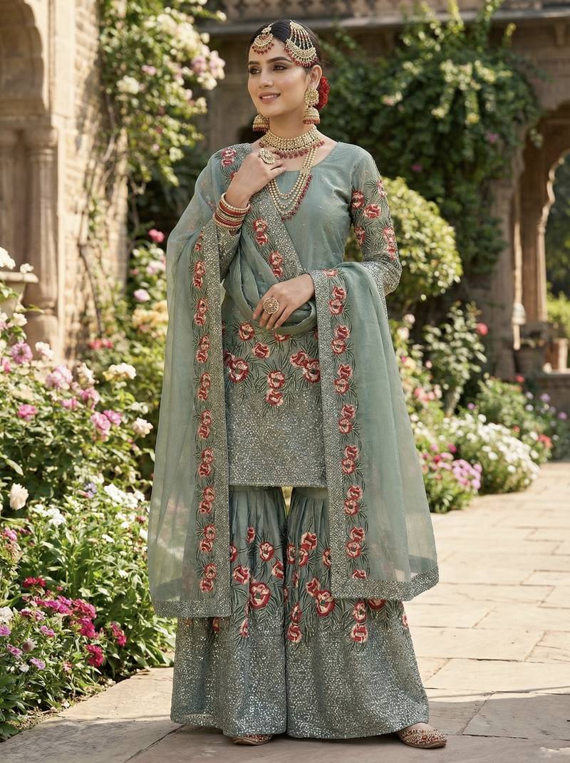 Teal Fendy Silk Wedding wear Designer Embroidery Sharara Set