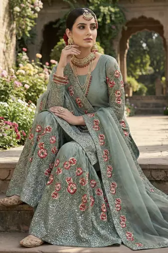 Teal Fendy Silk Wedding wear Designer Embroidery Sharara Set