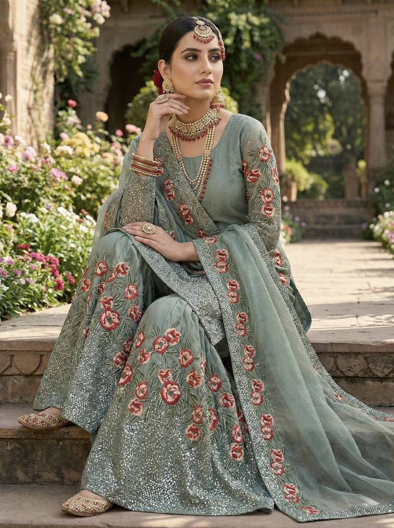 Teal Fendy Silk Wedding wear Designer Embroidery Sharara Set