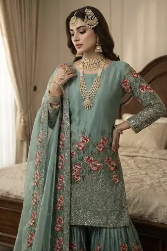 Teal Fendy Silk Wedding wear Designer Embroidery Sharara Set
