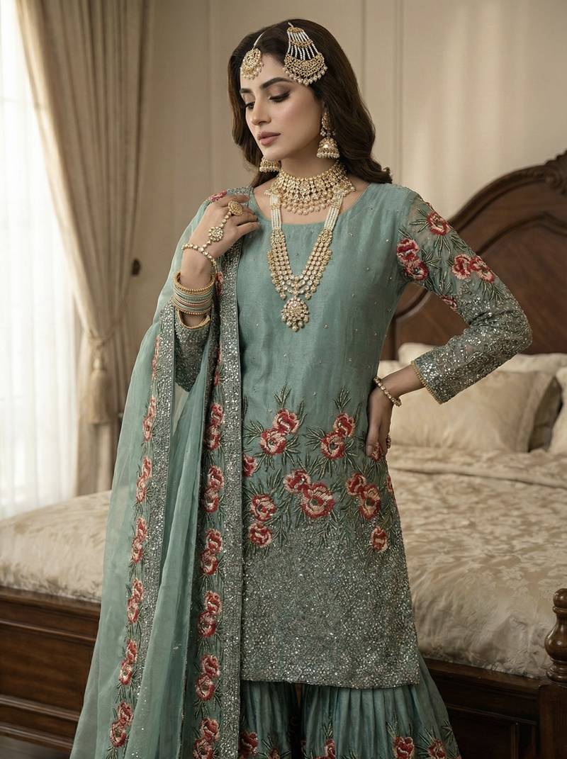 Teal Fendy Silk Wedding wear Designer Embroidery Sharara Set