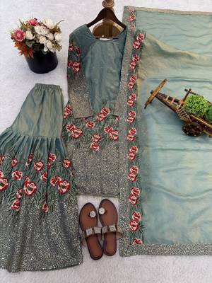 Teal Fendy Silk Wedding wear  Embroidery Sharara Set 5