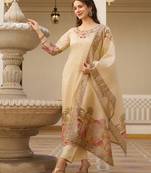 Women's cream viscose silk sequin embroidered kurta pant set with printed silk dupatta