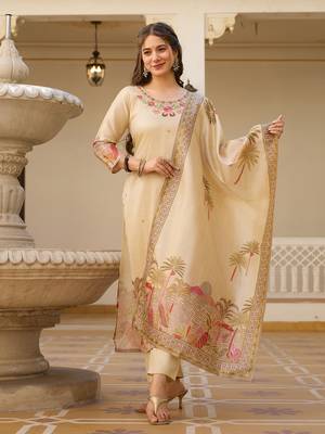 Women's cream viscose silk sequin embroidered kurta pant set with printed silk dupatta 2