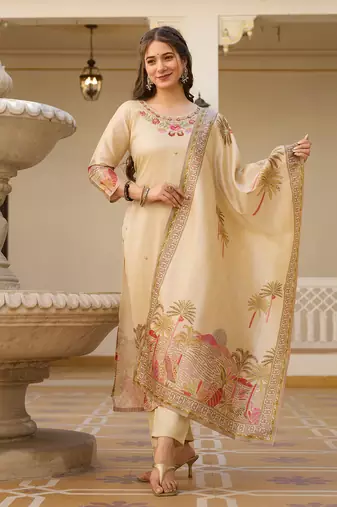 Women's cream viscose silk sequin embroidered kurta pant set with printed silk dupatta