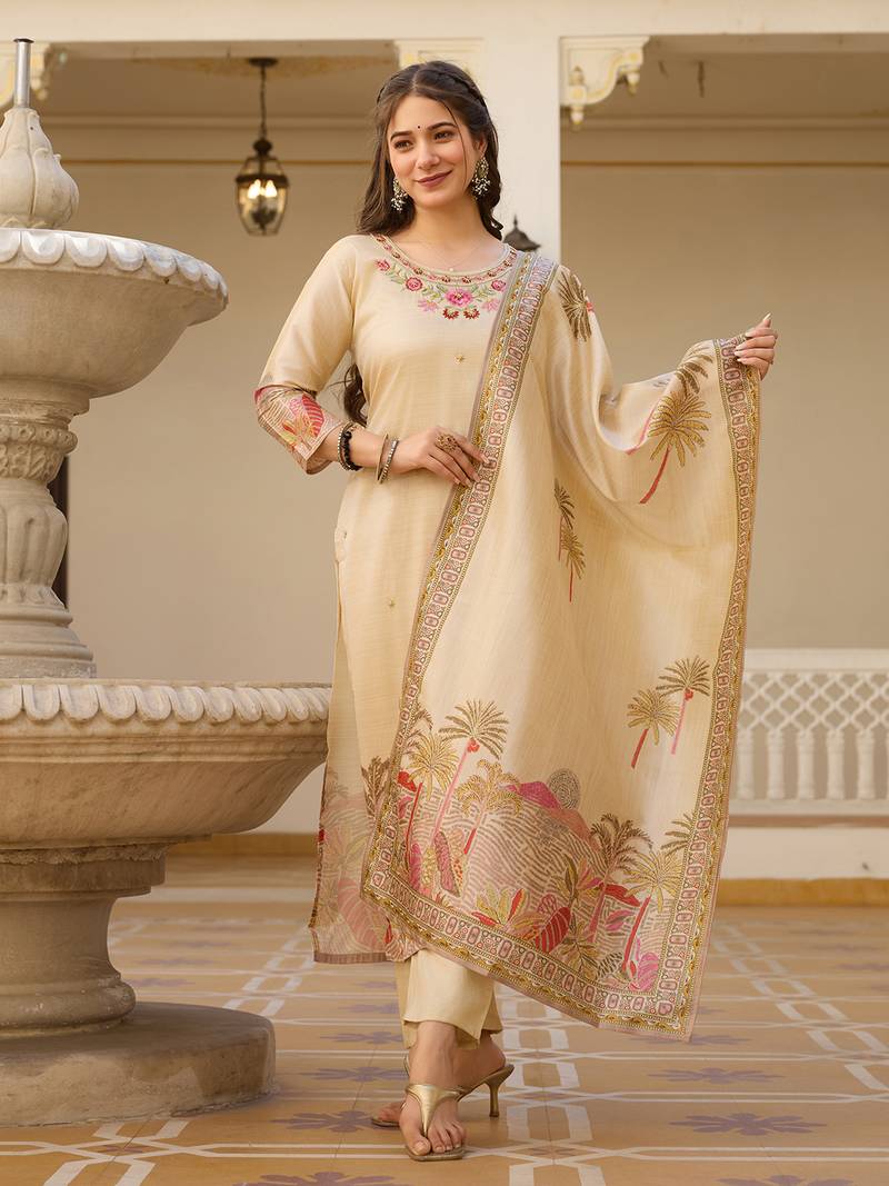 Women's cream viscose silk sequin embroidered kurta pant set with printed silk dupatta