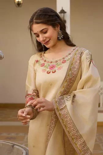 Women's cream viscose silk sequin embroidered kurta pant set with printed silk dupatta