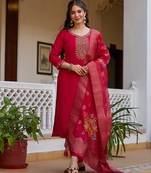 Women's red viscose chanderi silk sequin embroidered kurta pant set with organza dupatta