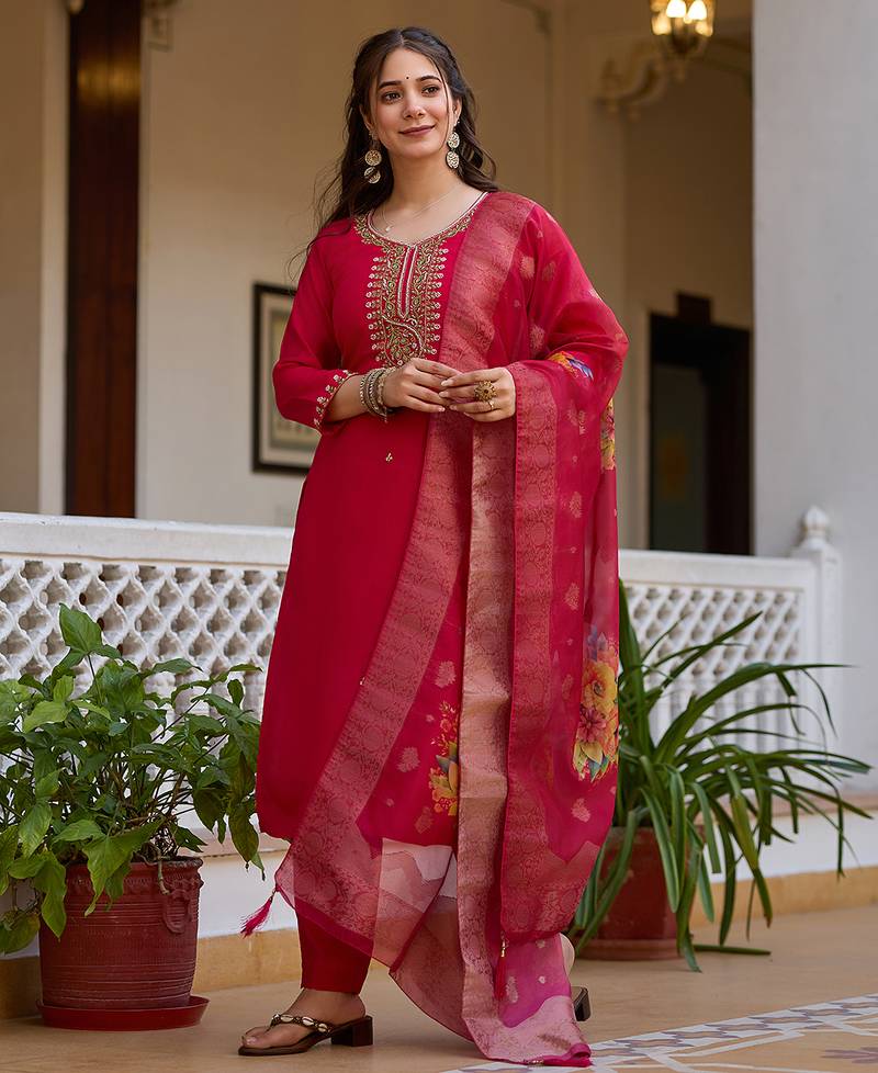 Women's red viscose chanderi silk sequin embroidered kurta pant set with organza dupatta