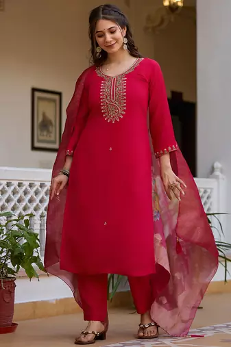 Women's red viscose chanderi silk sequin embroidered kurta pant set with organza dupatta
