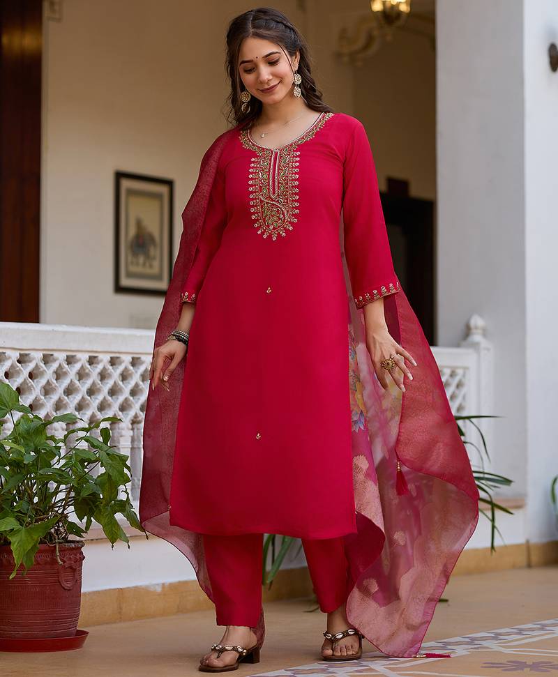 Women's red viscose chanderi silk sequin embroidered kurta pant set with organza dupatta