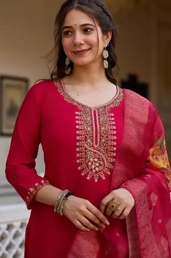 Women's red viscose chanderi silk sequin embroidered kurta pant set with organza dupatta
