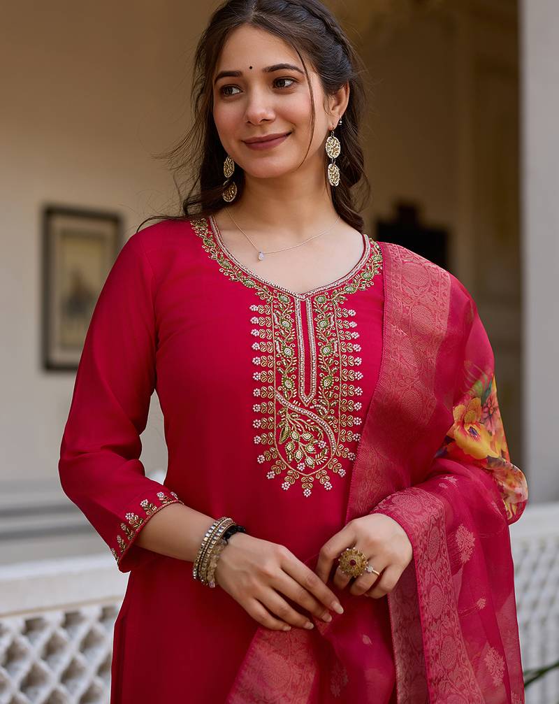 Women's red viscose chanderi silk sequin embroidered kurta pant set with organza dupatta