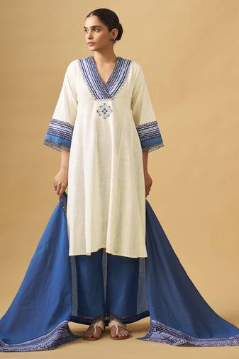 White & blue textured cotton slub kurta set with handcrafted details