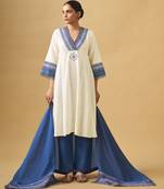 White & blue textured cotton slub kurta set with handcrafted details