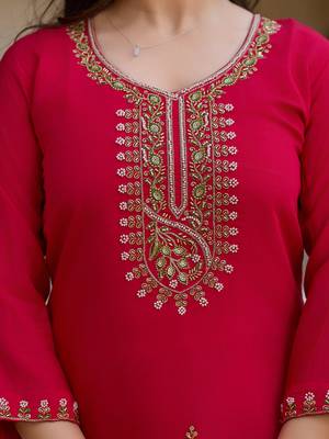 Women's red viscose chanderi silk sequin embroidered kurta pant set with organza dupatta 5