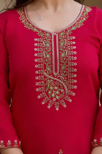 Women's red viscose chanderi silk sequin embroidered kurta pant set with organza dupatta