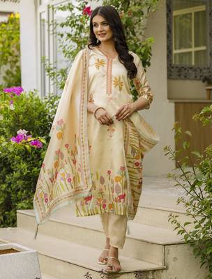 Women's cream viscose silk sequin & stone embroidered kurta pant set with printed silk dupatta 1