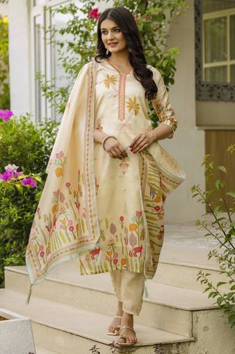 Women's cream viscose silk sequin & stone embroidered kurta pant set with printed silk dupatta