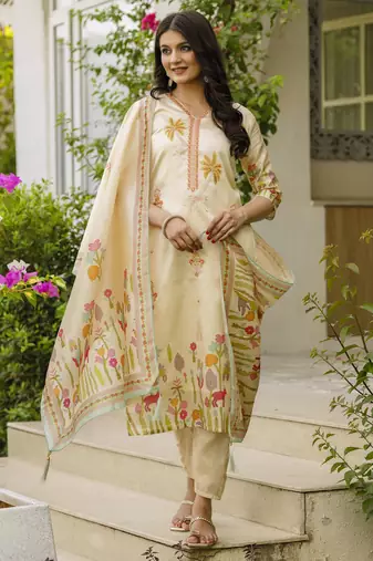 Women's cream viscose silk sequin & stone embroidered kurta pant set with printed silk dupatta