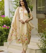 Women's cream viscose silk sequin & stone embroidered kurta pant set with printed silk dupatta