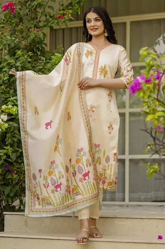 Women's cream viscose silk sequin & stone embroidered kurta pant set with printed silk dupatta