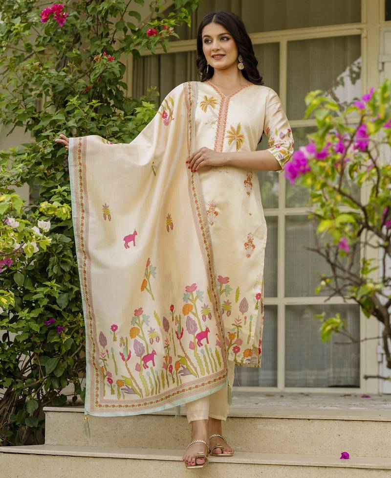 Women's cream viscose silk sequin & stone embroidered kurta pant set with printed silk dupatta