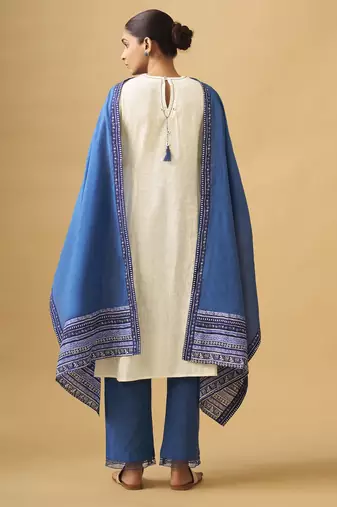 White & blue textured cotton slub kurta set with handcrafted details
