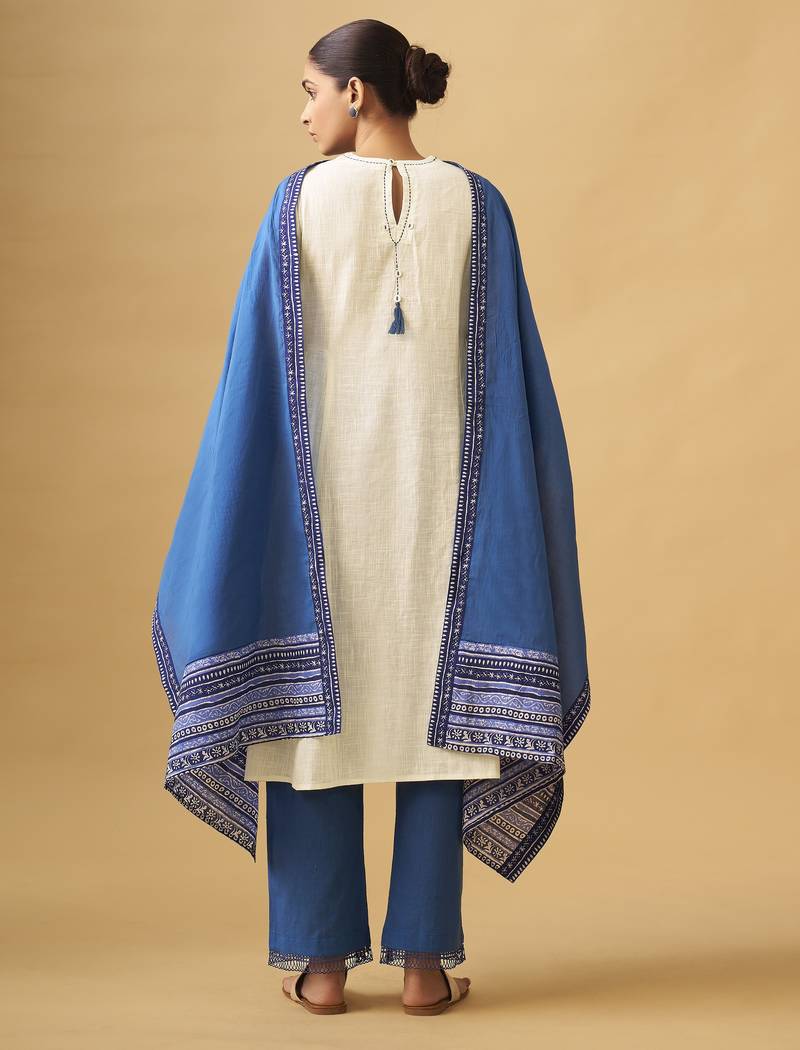 White & blue textured cotton slub kurta set with handcrafted details
