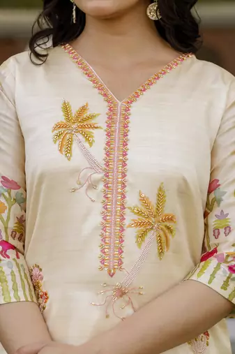 Women's cream viscose silk sequin & stone embroidered kurta pant set with printed silk dupatta