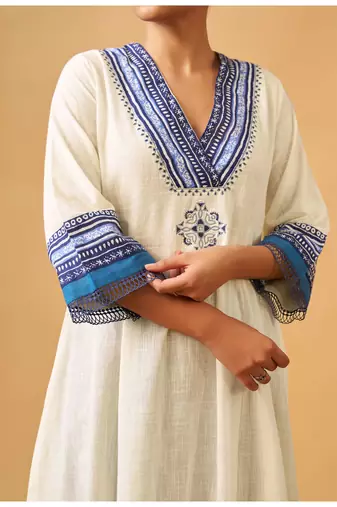 White & blue textured cotton slub kurta set with handcrafted details
