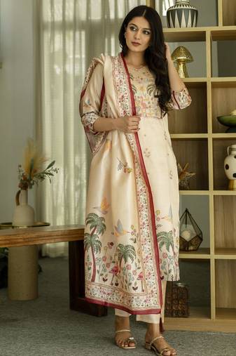 Women's cream viscose silk sequin & stone embroidered kurta pant set with printed silk dupatta