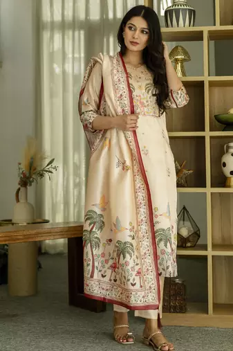 Women's cream viscose silk sequin & stone embroidered kurta pant set with printed silk dupatta