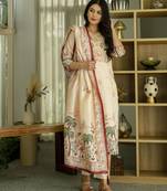 Women's cream viscose silk sequin & stone embroidered kurta pant set with printed silk dupatta