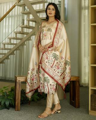 Women's cream viscose silk sequin & stone embroidered kurta pant set with printed silk dupatta 2