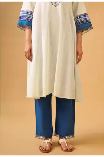 White & blue textured cotton slub kurta set with handcrafted details