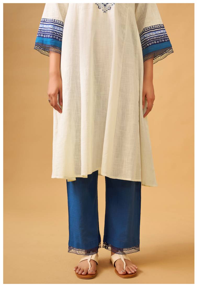 White & blue textured cotton slub kurta set with handcrafted details