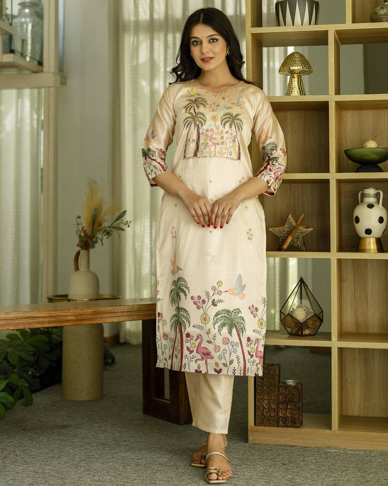 Women's cream viscose silk sequin & stone embroidered kurta pant set with printed silk dupatta