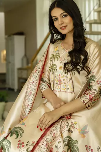 Women's cream viscose silk sequin & stone embroidered kurta pant set with printed silk dupatta