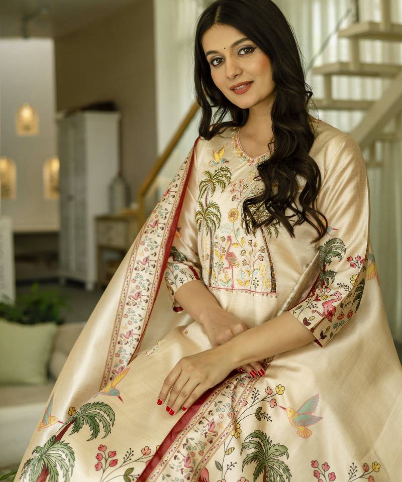 Women's cream viscose silk sequin & stone embroidered kurta pant set with printed silk dupatta