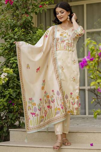 Women's cream viscose silk sequin & stone embroidered kurta pant set with printed silk dupatta