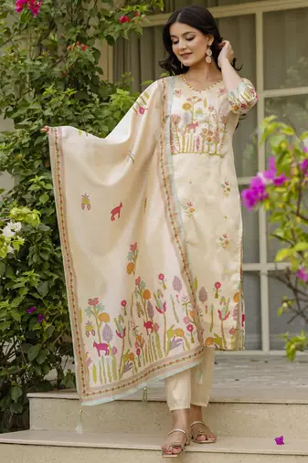 Women's cream viscose silk sequin & stone embroidered kurta pant set with printed silk dupatta