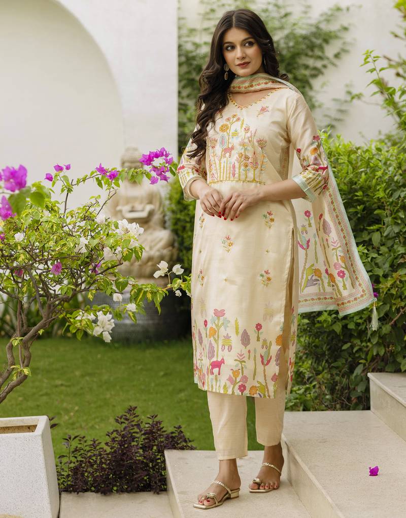 Women's cream viscose silk sequin & stone embroidered kurta pant set with printed silk dupatta