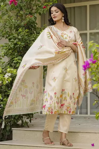 Women's cream viscose silk sequin & stone embroidered kurta pant set with printed silk dupatta