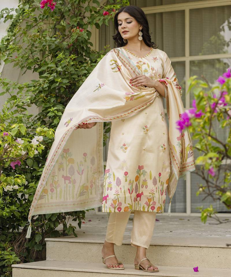Women's cream viscose silk sequin & stone embroidered kurta pant set with printed silk dupatta